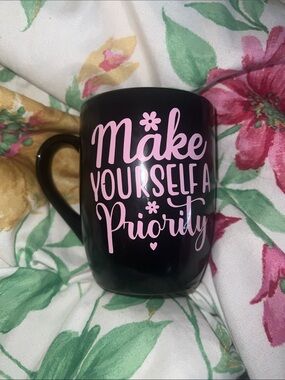 Handcrafted Black Motivational Mug with Pink Phrase - "Make Yourself a Priority"